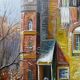 Large urban scene oil on wood framed painting John Haanstra vintage