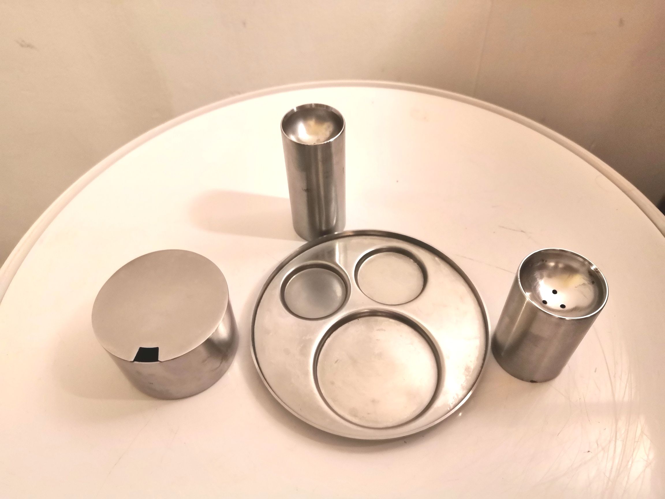 Ménagère salt, pepper and mustard "cylinda" by Arne Jacobsen for Stelton, 1960