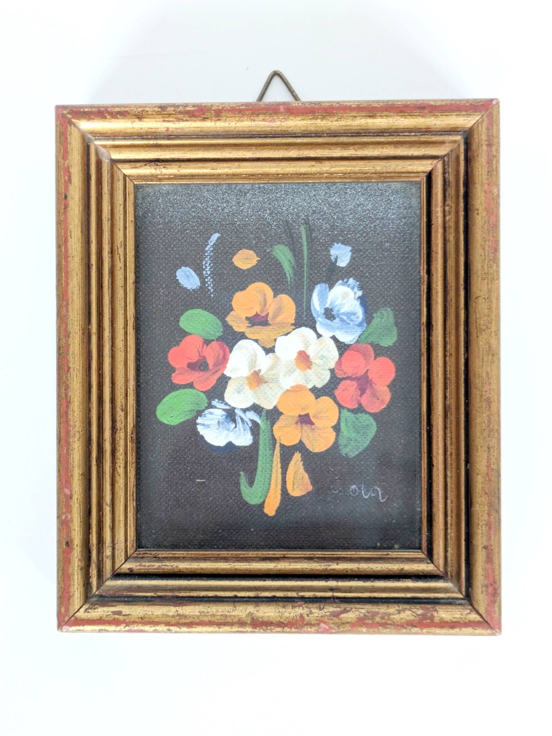 Pair of small Italian oil paintings, flowers and landscape.