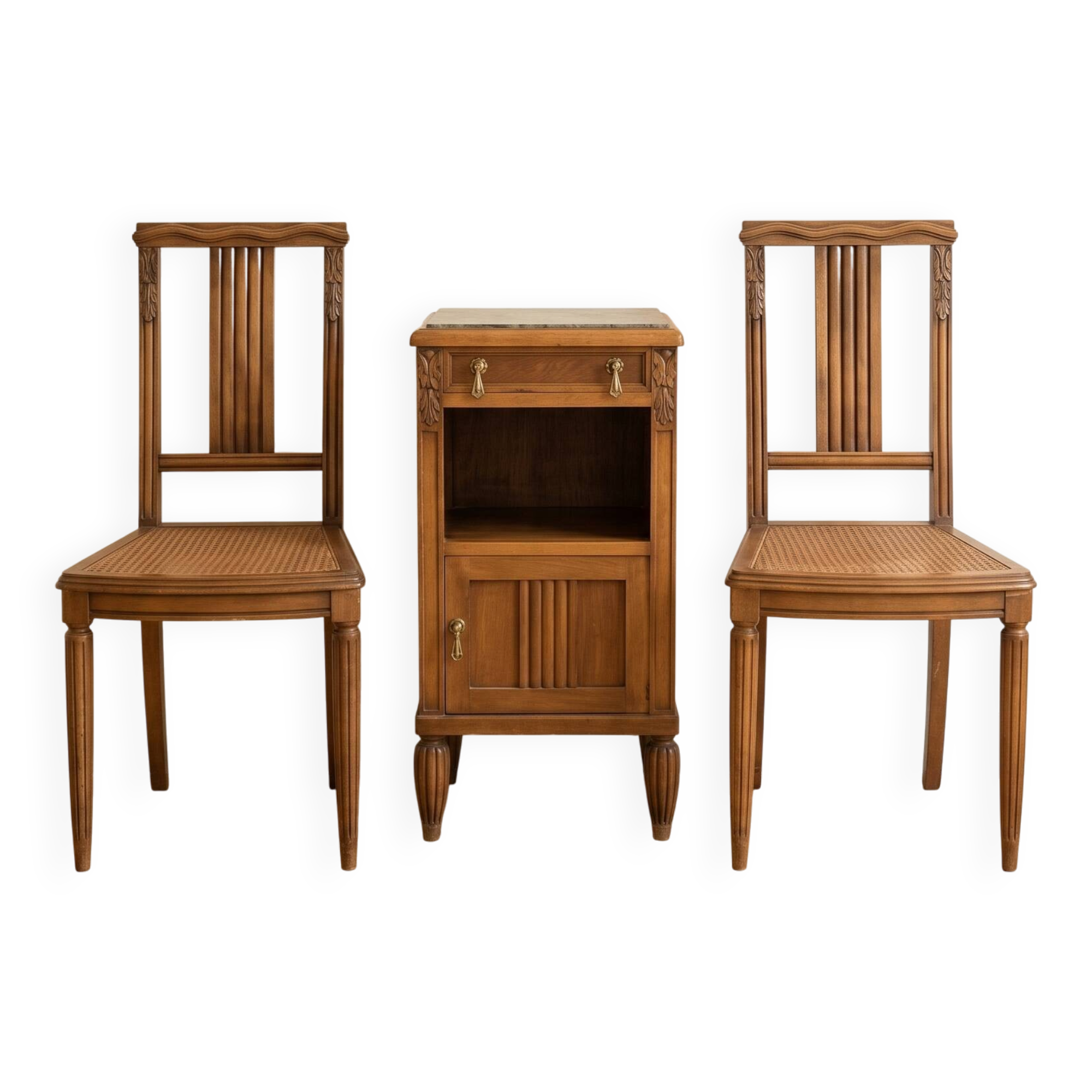 Art Deco bedroom set: 2 chairs and a wooden bedside table.