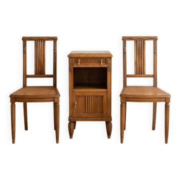 Ensemble chambre Art Déco : 2 chaises et table de nuit en bois