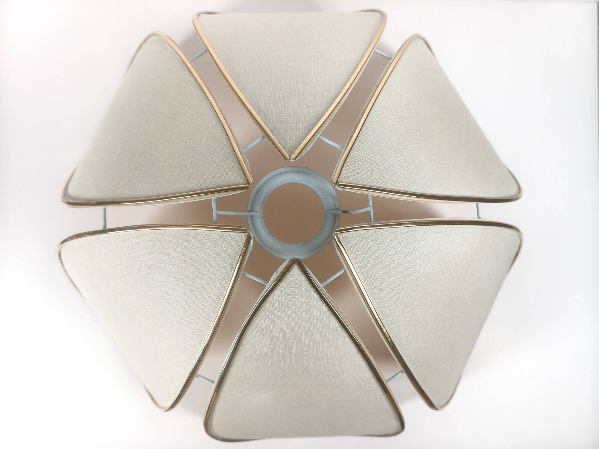 1970s ceiling light with floral design, light beige shade with gold finish.