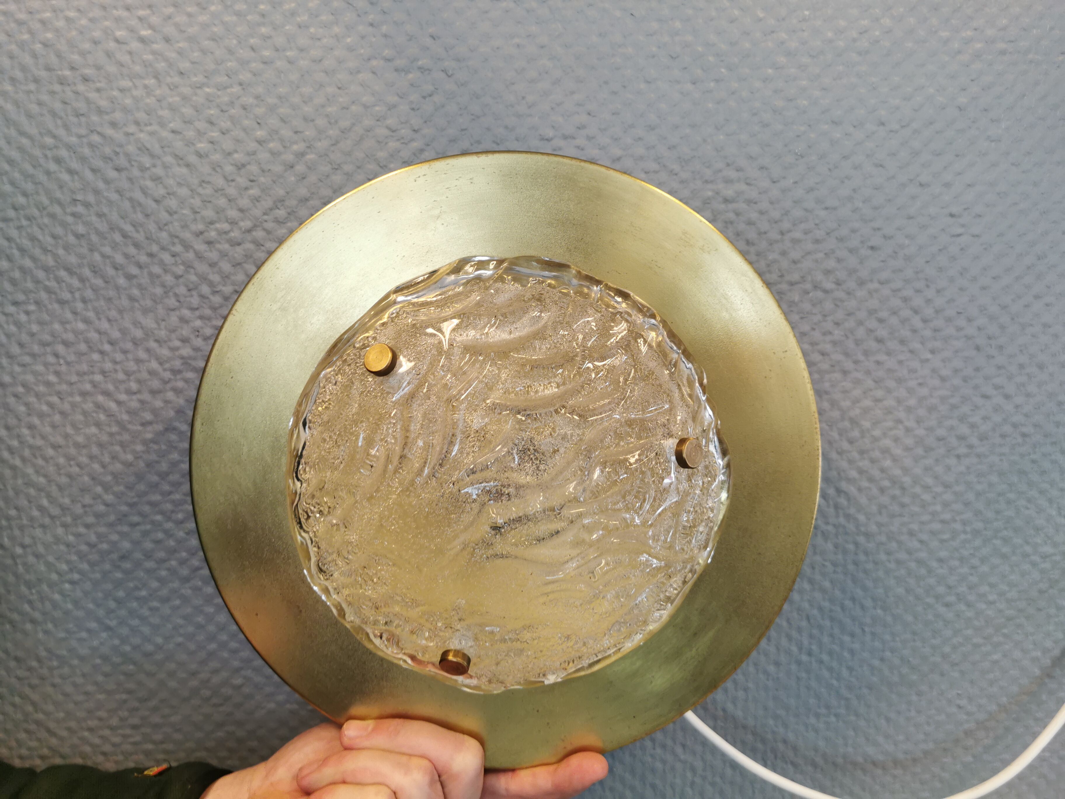 Wall/ceiling lamp, made in brass and white lacquered metal with frosted solid glass shade