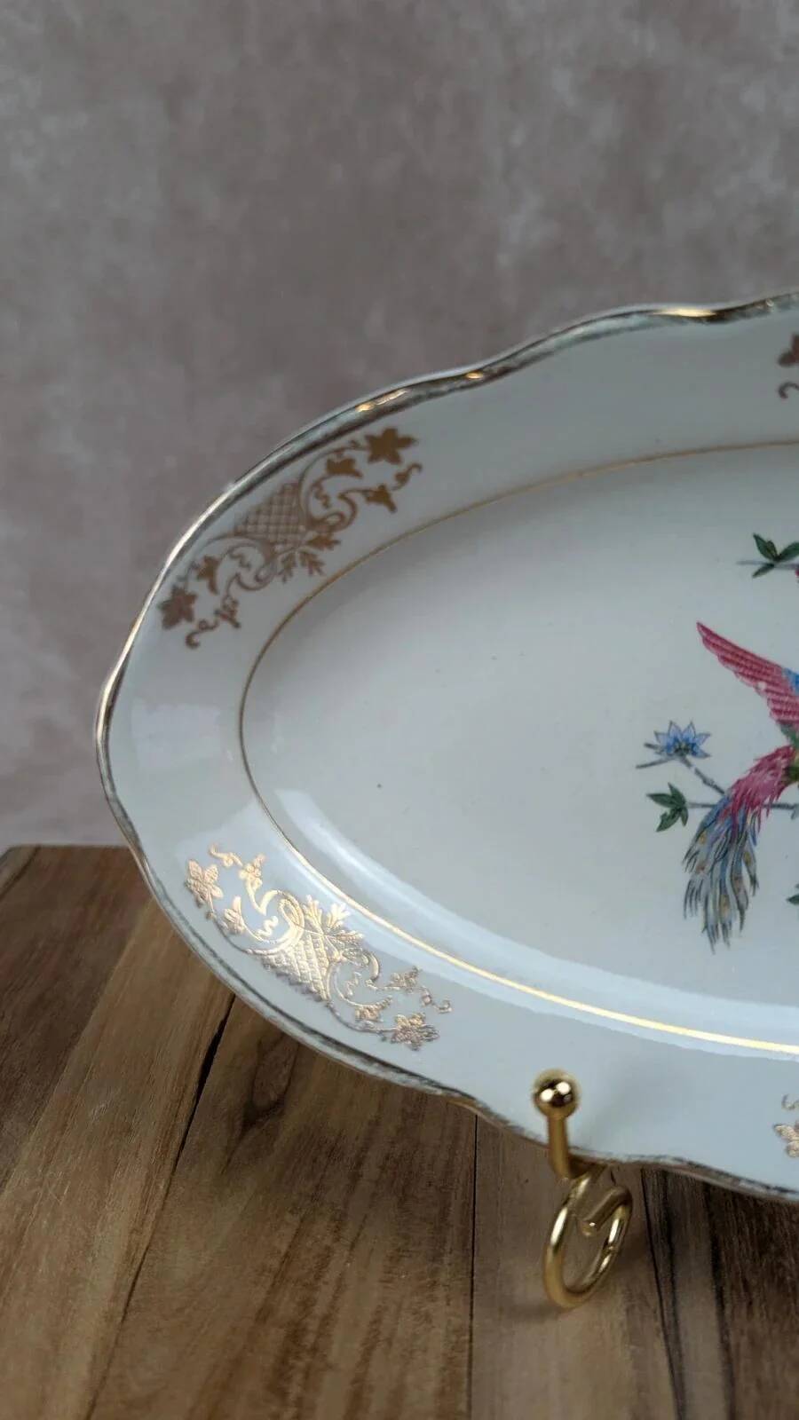 Antique oval plate Kg Lunéville – bird & golden flower decoration