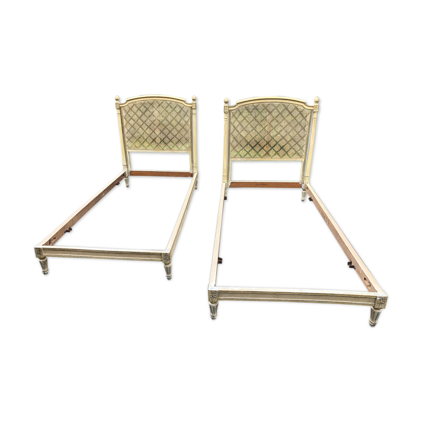 Pair of twin bed Louis XVI caned painted patinated
