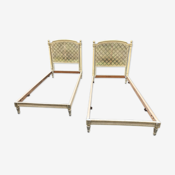 Pair of twin bed Louis XVI caned painted patinated