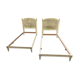 Pair of twin bed Louis XVI caned painted patinated