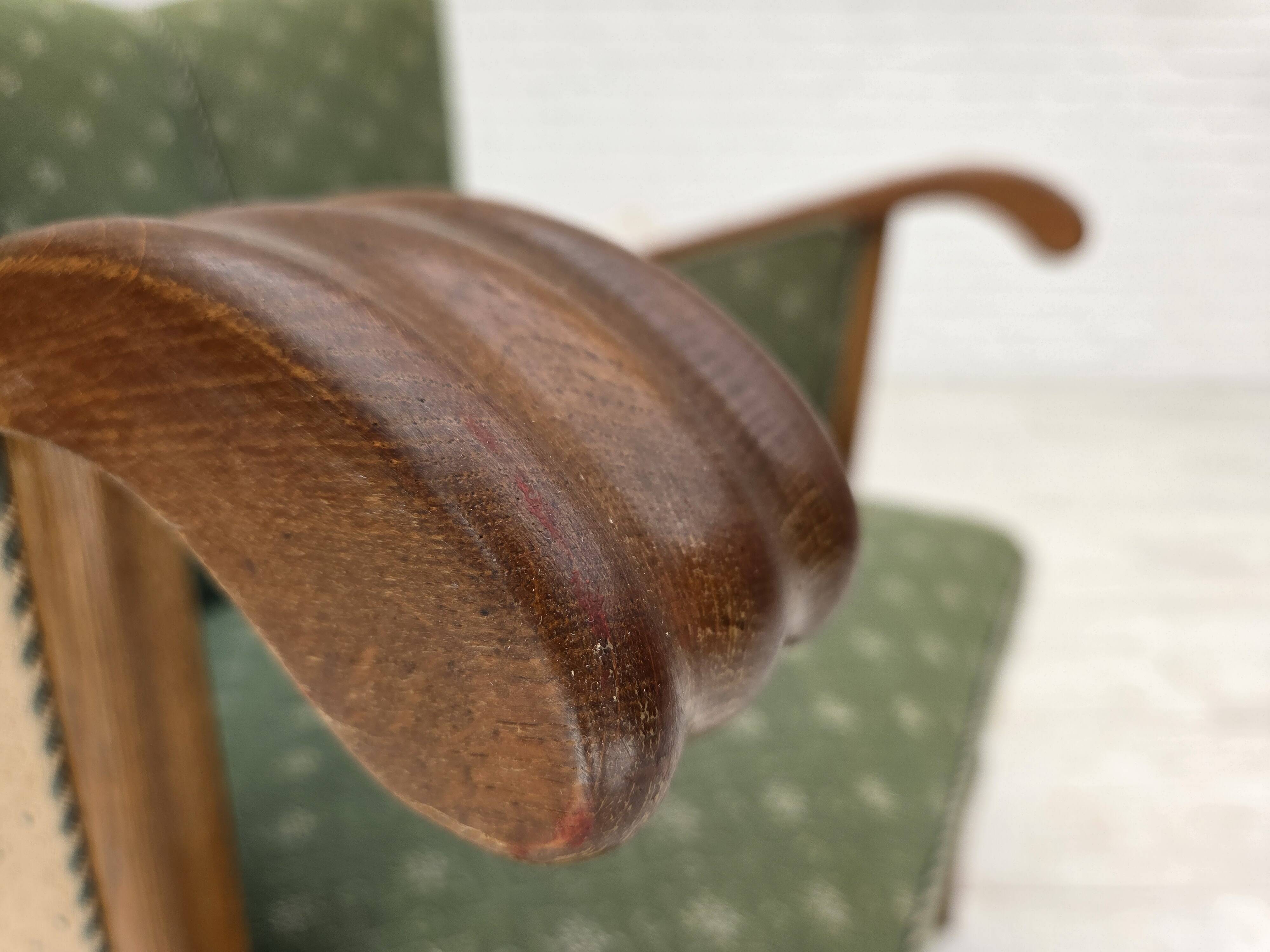 1950s, Danish armchair, original green/beige furniture wool, oak wood.