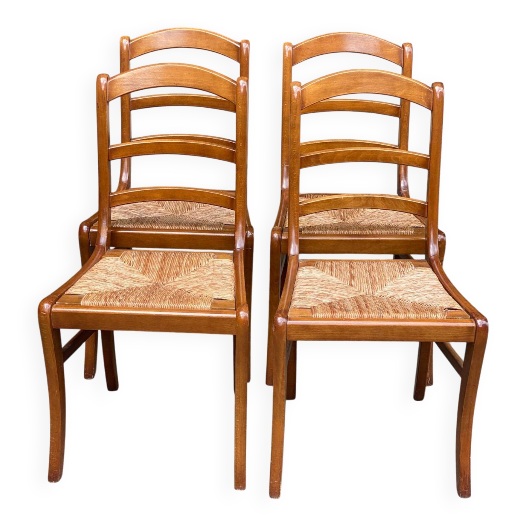4 chaises de à manger en bois massif paillées dossier échelle 1970