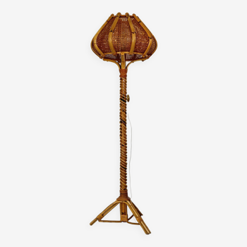 Vintage tripod floor lamp in rattan and cane, 1960s design