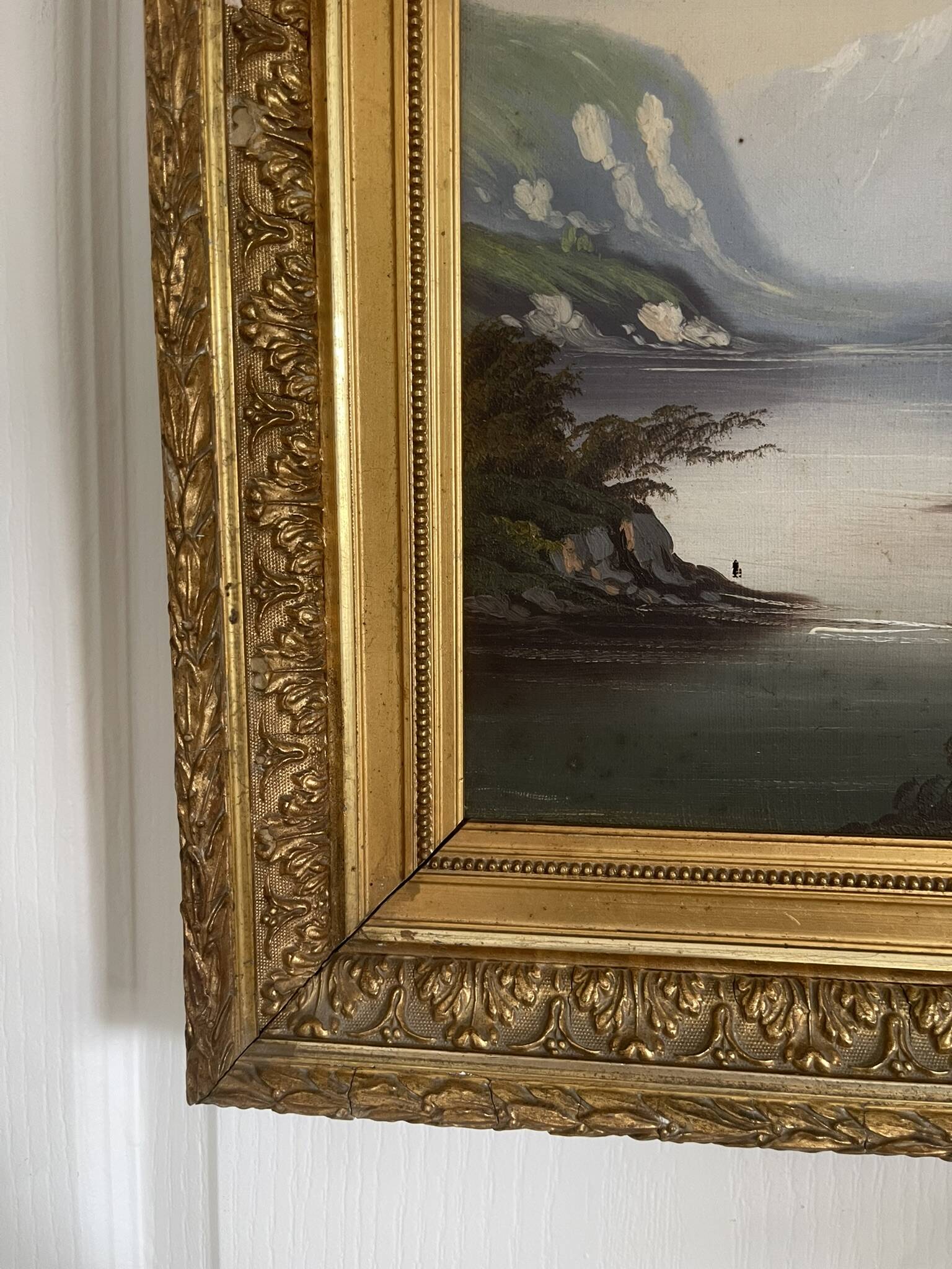 Old Oil Painting Canvas Swiss School Mountain Lake Shepherd Signed