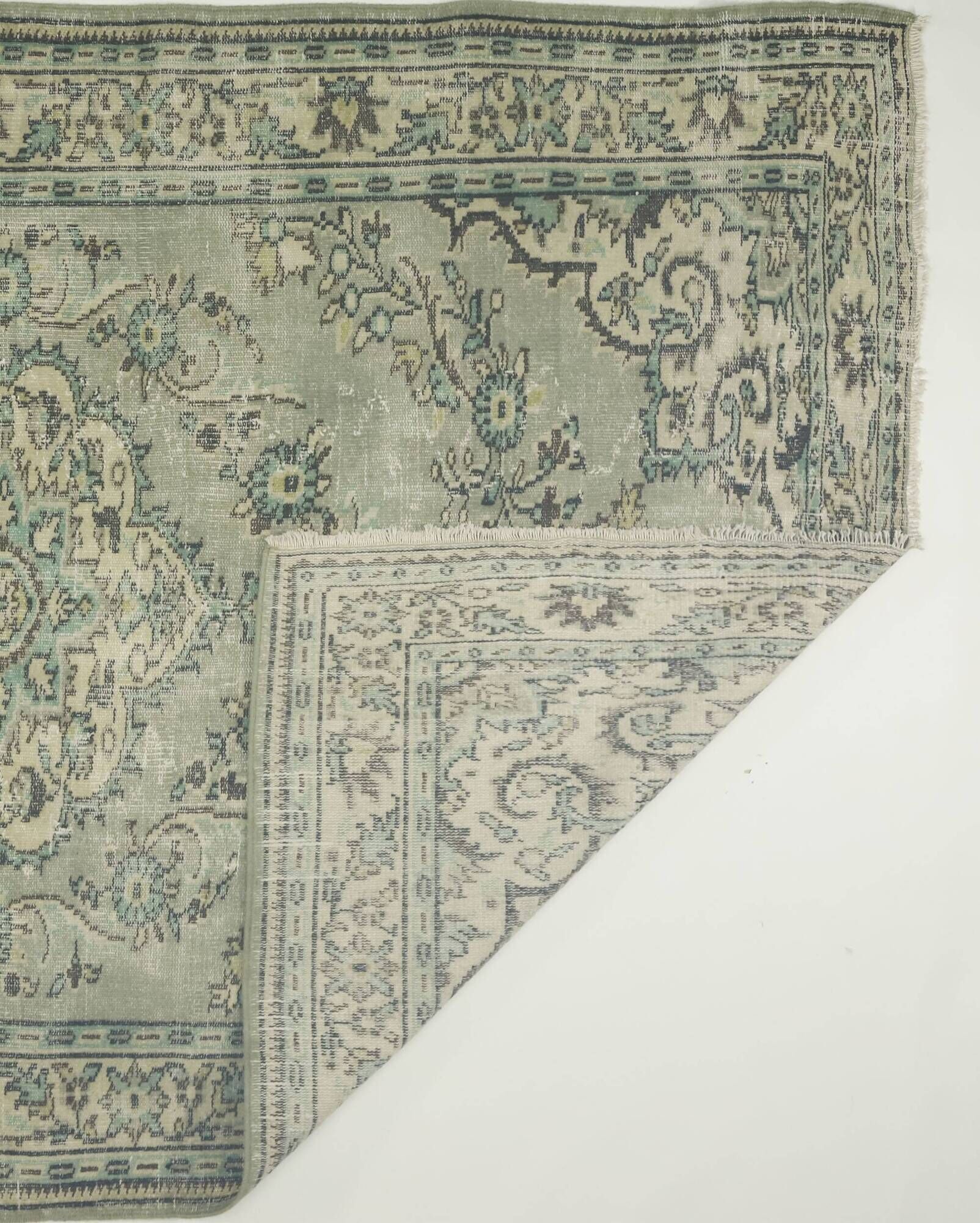 Vintage Turkish Rug Sage Green with Medallion 287 x 193 cm