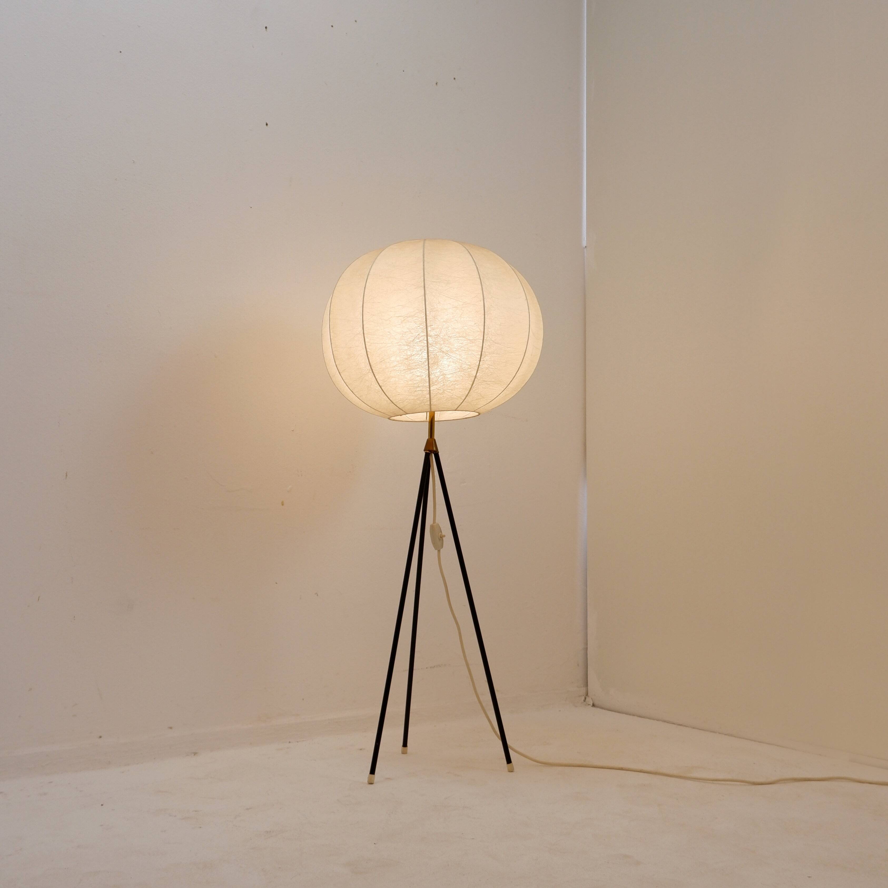 Vintage cocoon tripod floor lamp with brass details, 1960s