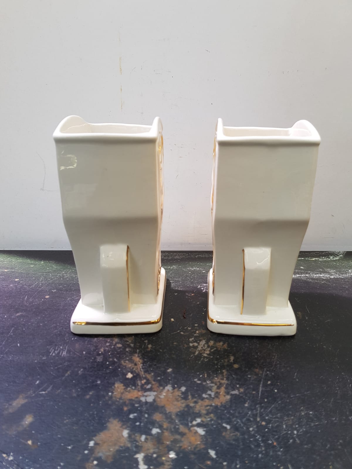 Pair Of Old White Art Ceramic Vase + Golden Decor Made In France Vintage