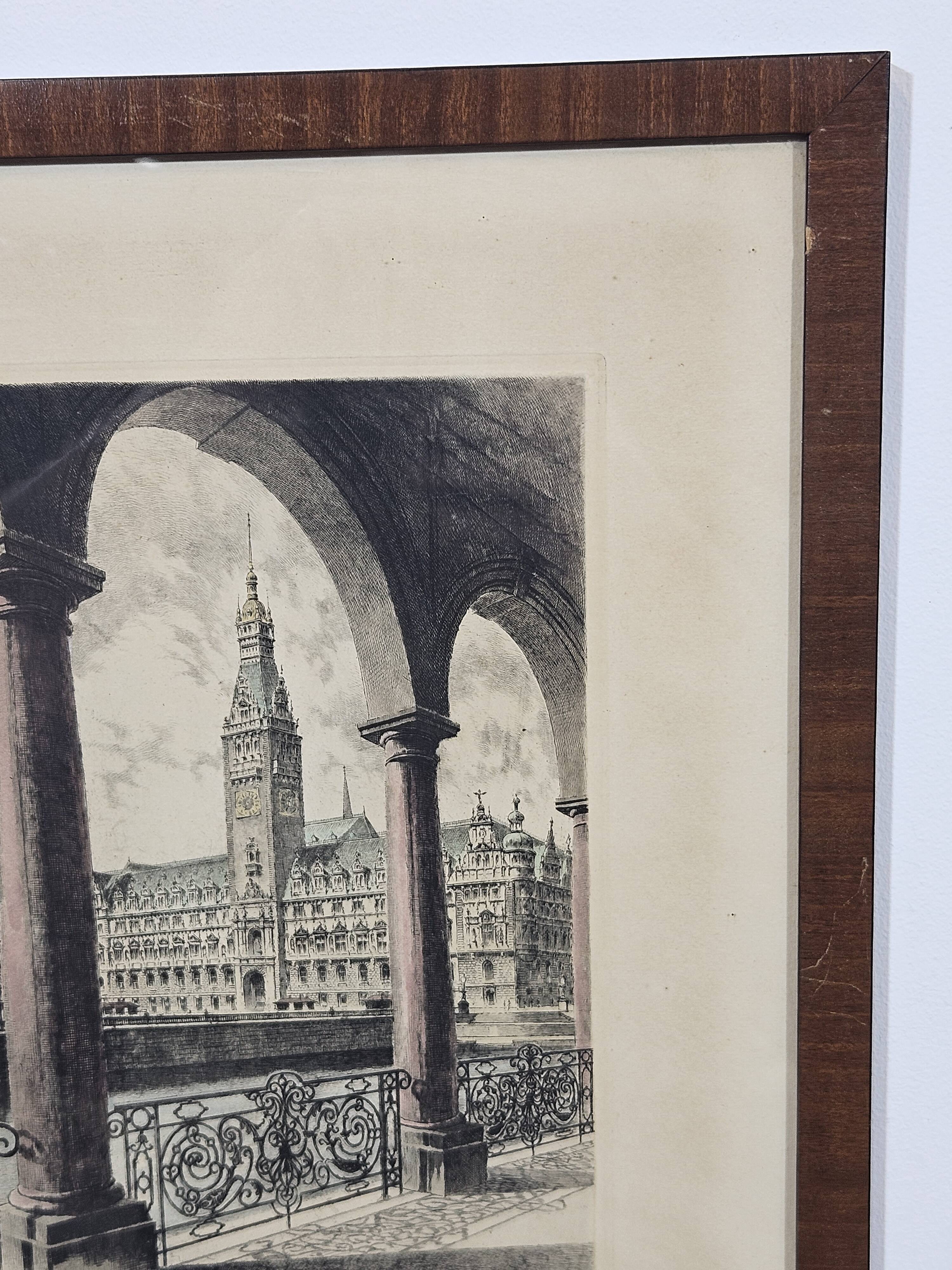 Etching "Town Hall in Hamburg" by Albrecht Bruck
