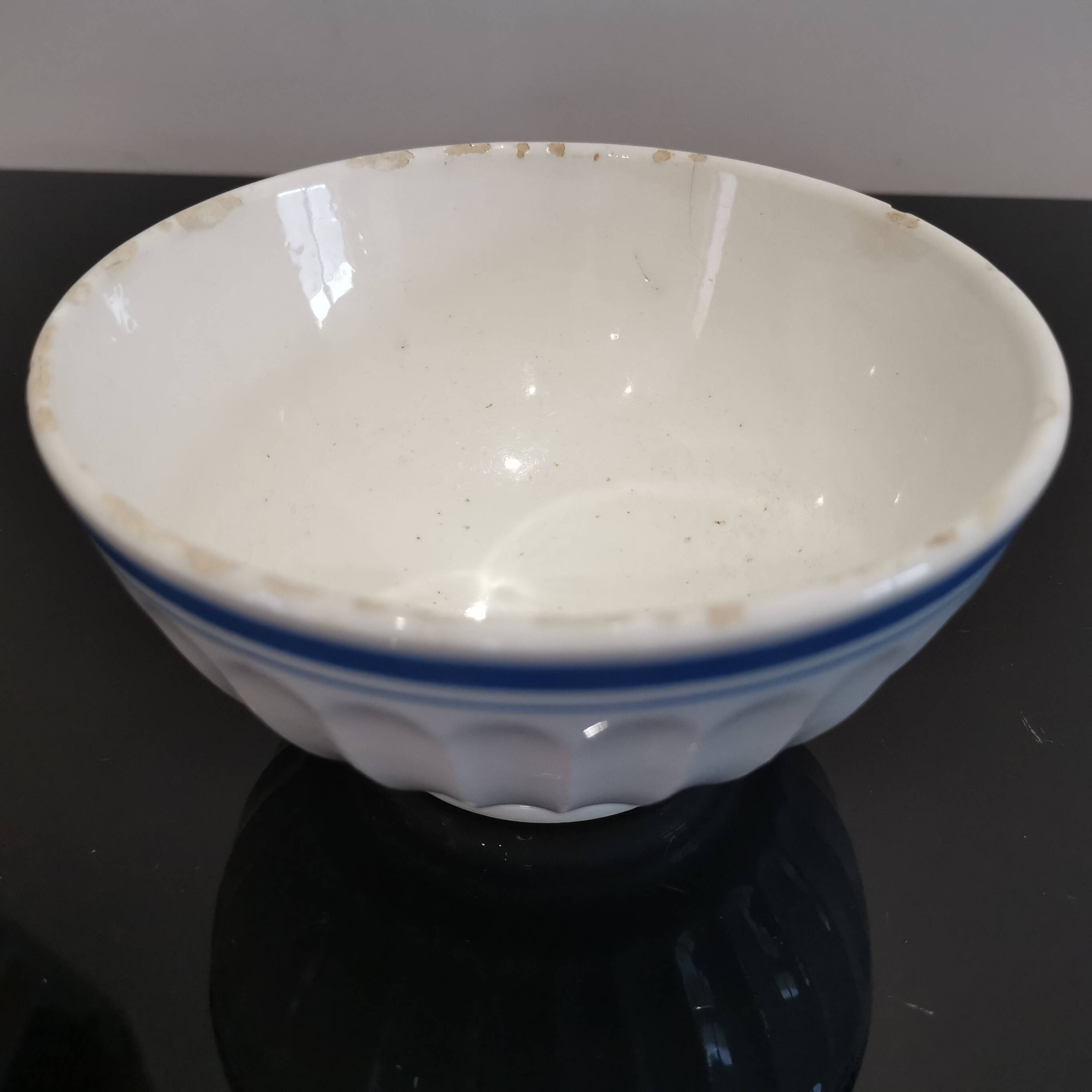Old white bowl with blue edging Stamped Trèfle 50'S