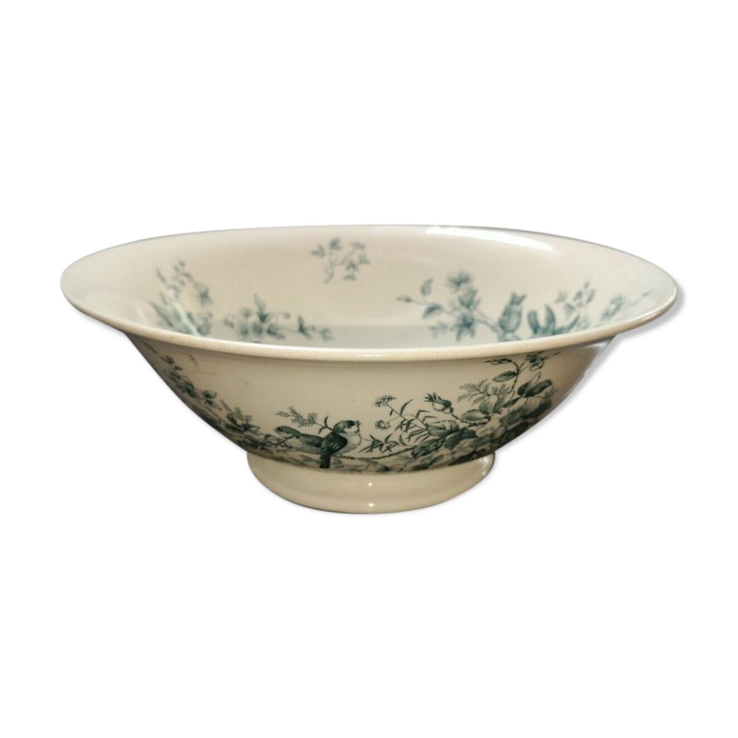 Old dish type bowl on foot, earthenware Iron earth blue Longwy Cute Birds Ø 27 cm