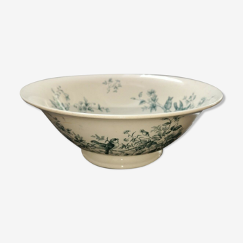 Old dish type bowl on foot, earthenware Iron earth blue Longwy Cute Birds Ø 27 cm