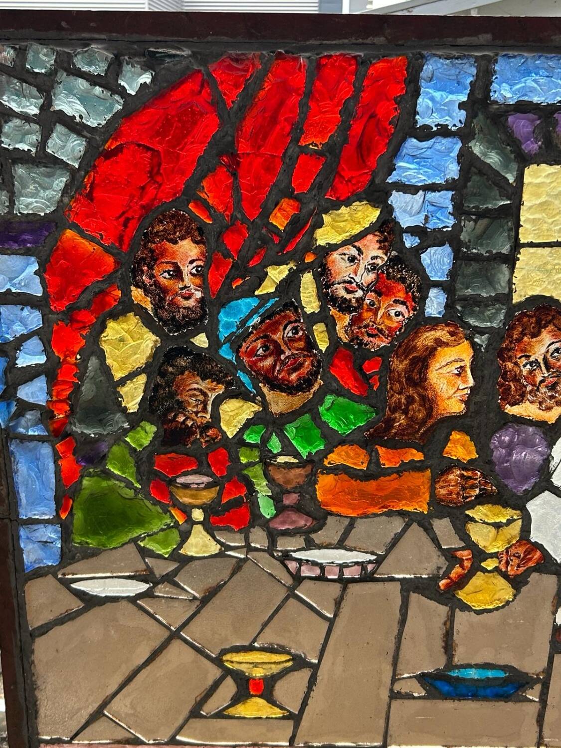 Large stained glass window the last supper circa 1960 - raw glass blocks - h 119 x l 161 cm
