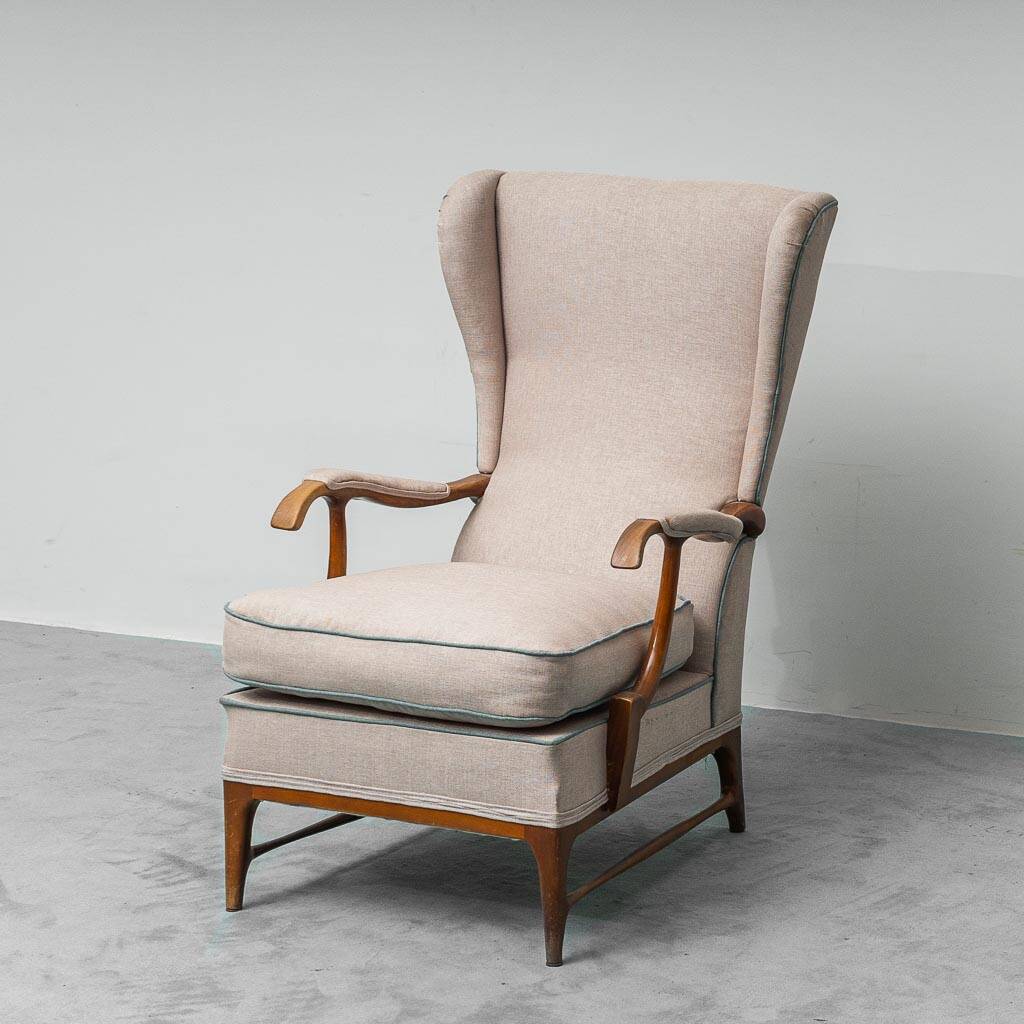 Fauteuil en tissu attribué à Paolo Buffa, style moderniste vintage des années 1950