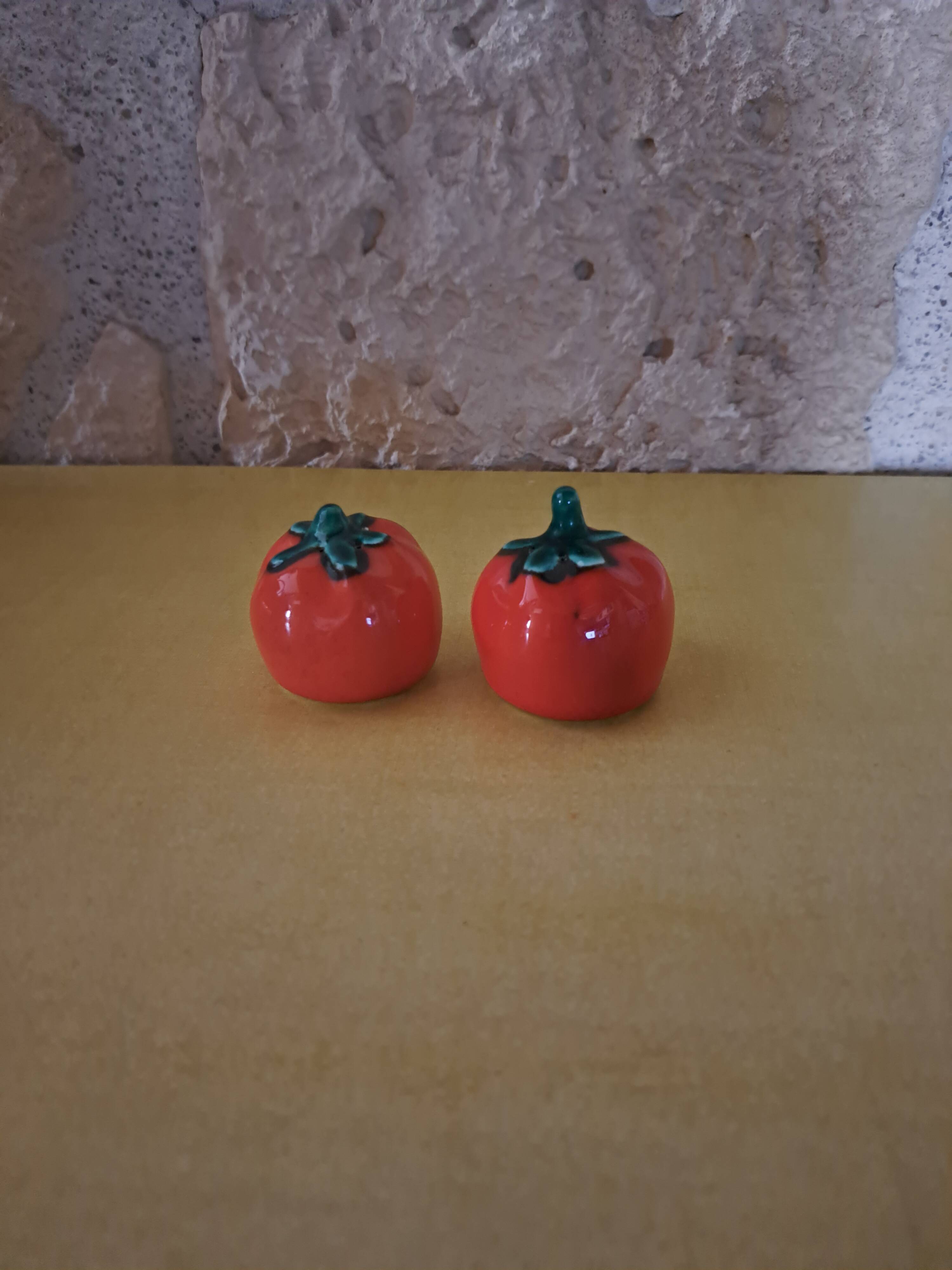 Vintage slip tomato salt and pepper shakers