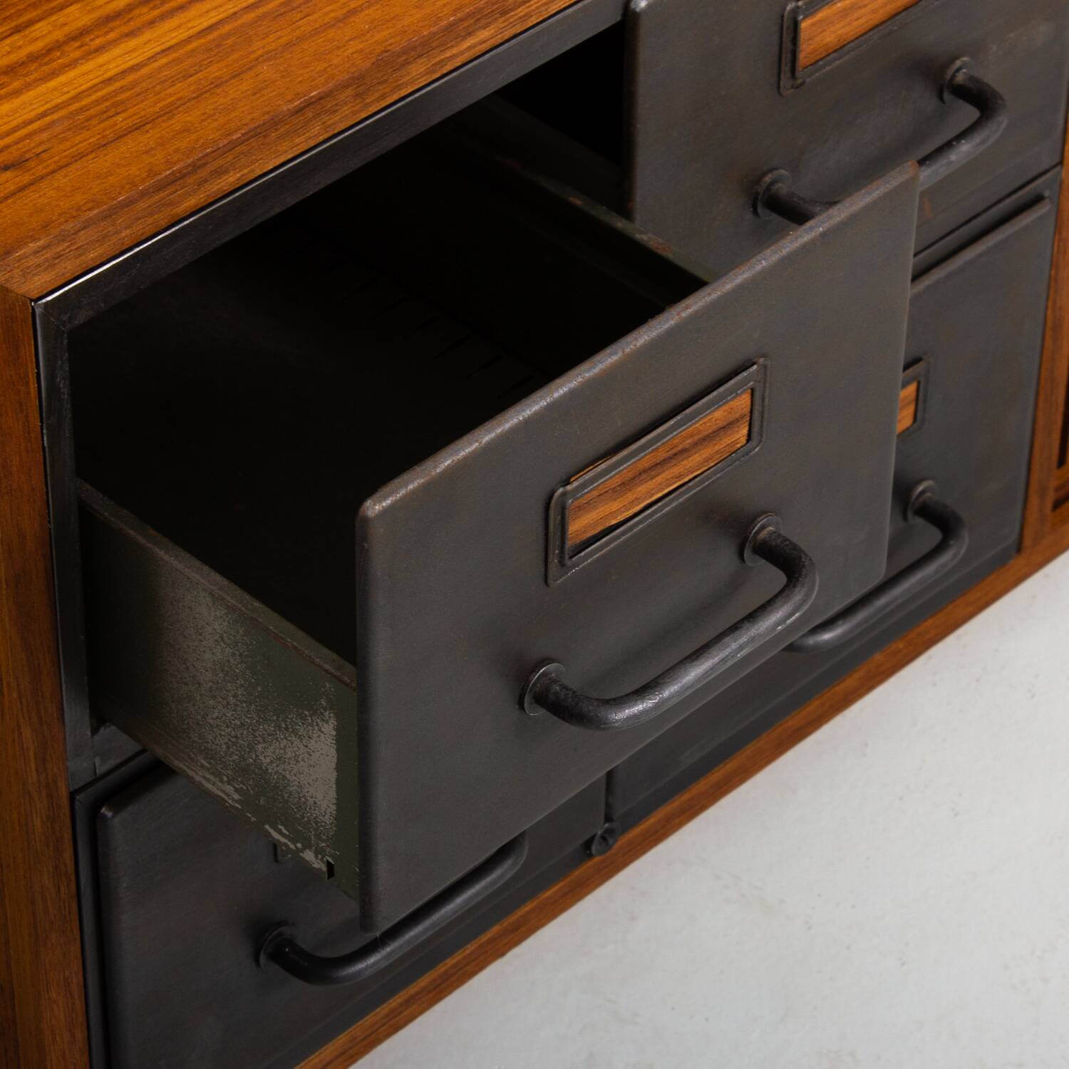 Teak sideboard with industrial metal drawers and 2 black sliding doors