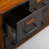 Teak sideboard with industrial metal drawers and 2 black sliding doors