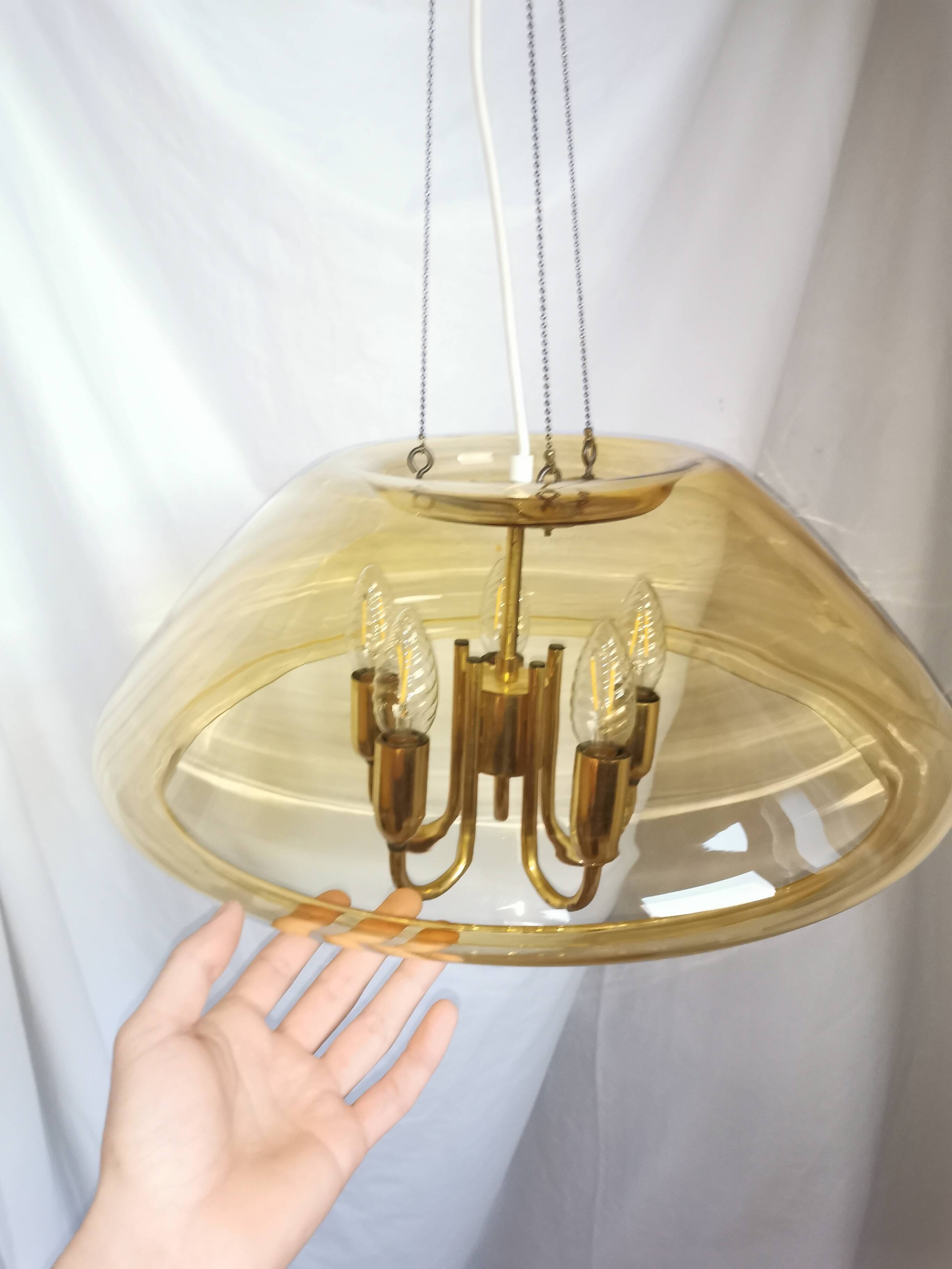 Large chandelier in brass and smoked glass, six branches, space age, baroque, Italy, 1970.