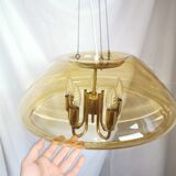 Large chandelier in brass and smoked glass, six branches, space age, baroque, Italy, 1970.