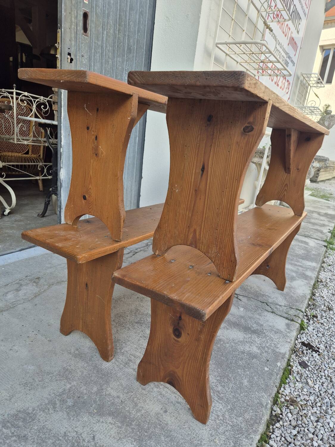 Set of 4 farm benches in old fir 1950s - 1m30