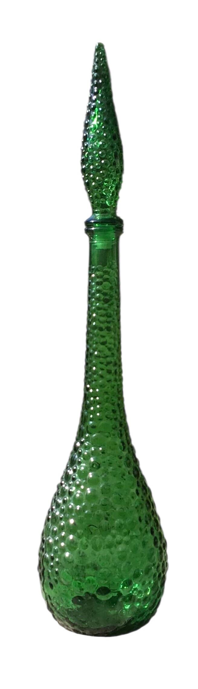 Large green Genie Empoli bubble glass bottle, Italy 1960s