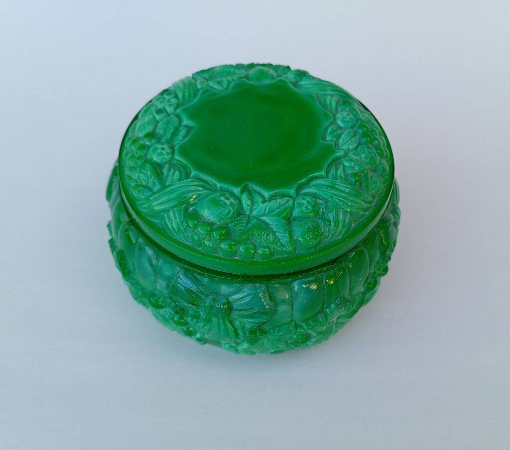 Bohemian handmade malachite glass candy dish or jewelry box.