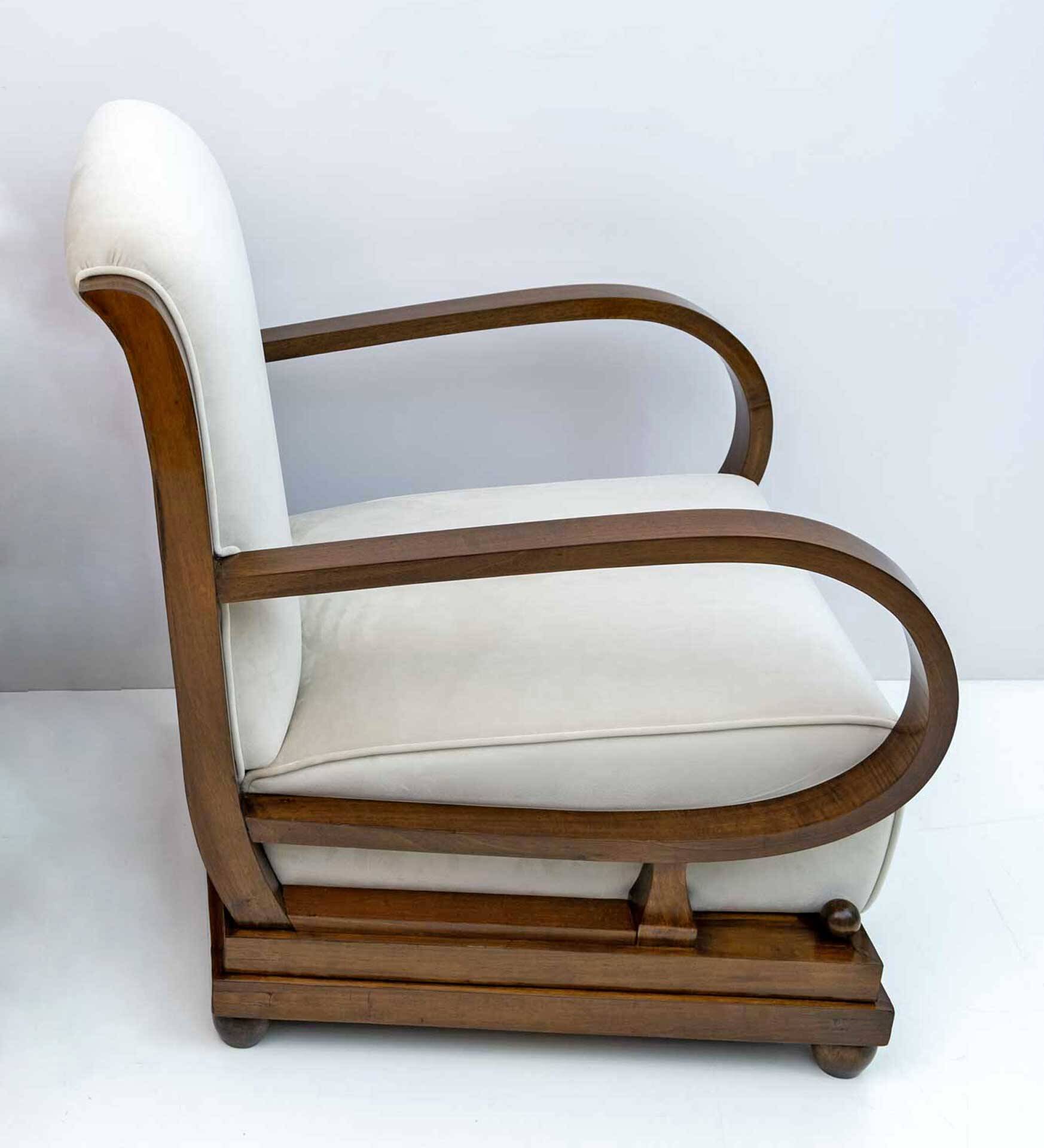 Art Deco Italian Walnut and Velvet Armchair and Ottoman, 1920s