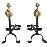 Pair of wrought iron candlesticks with cast bronze ball, 1970s.