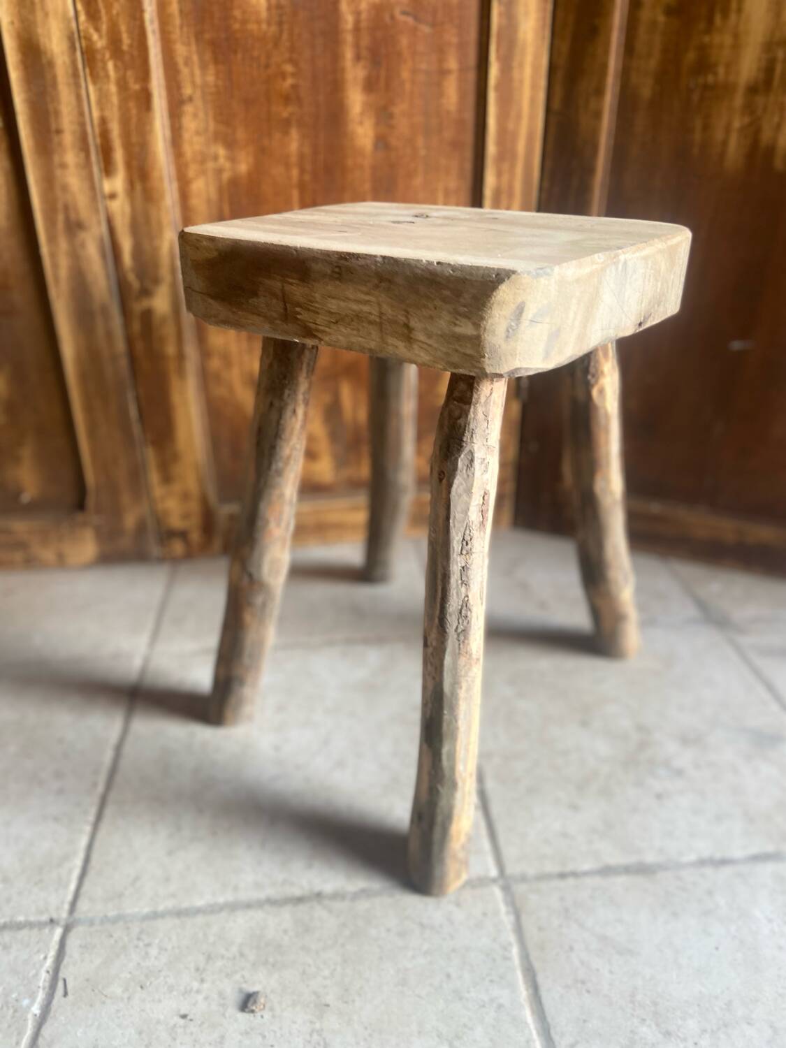Antique brutalist stool in solid oak