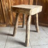Tabouret ancien brutaliste en chêne massif