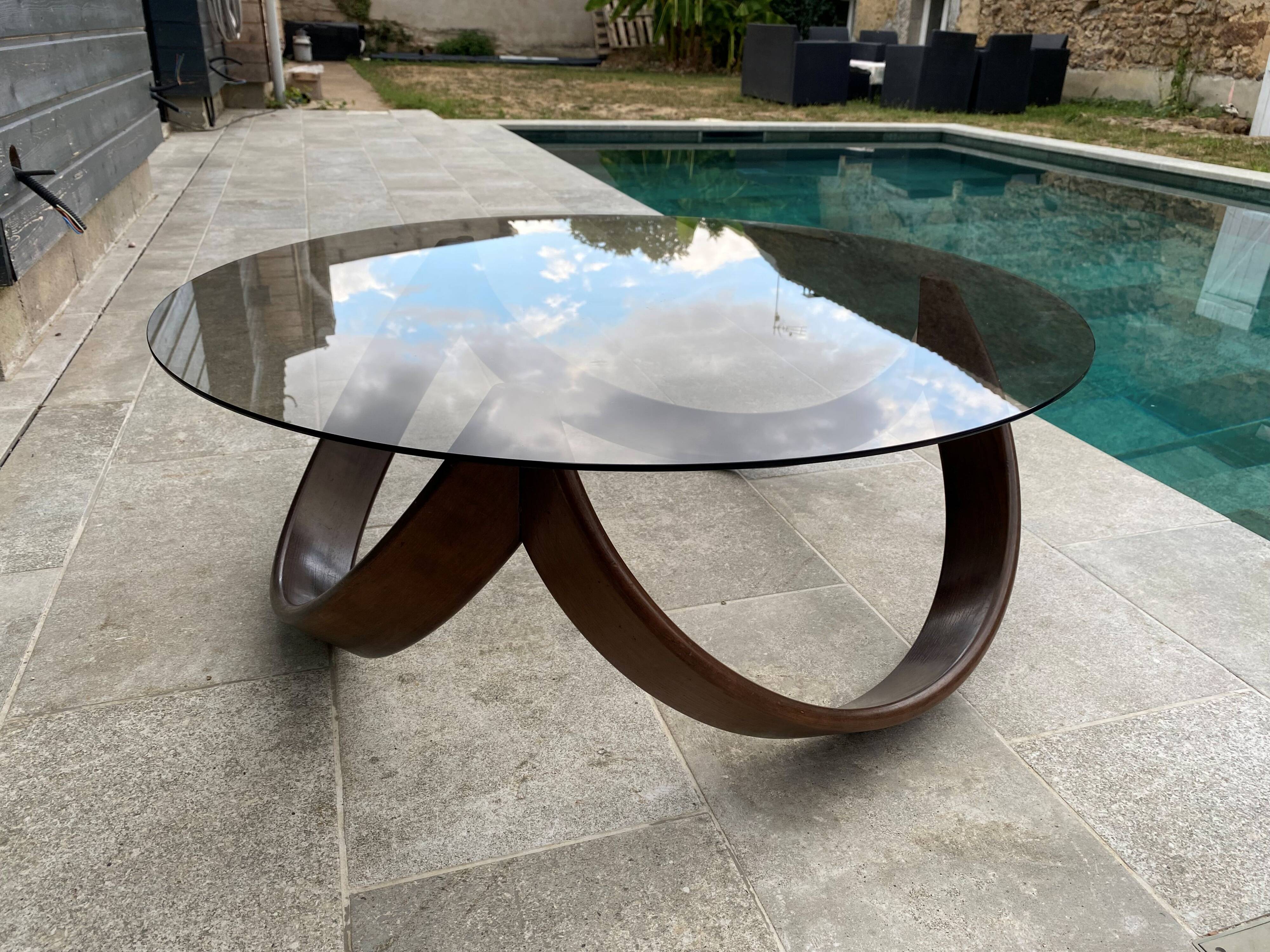 Vintage 1970s organic wood glass round coffee table