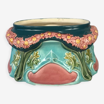 Polychrome slip planter decorated with flower garland