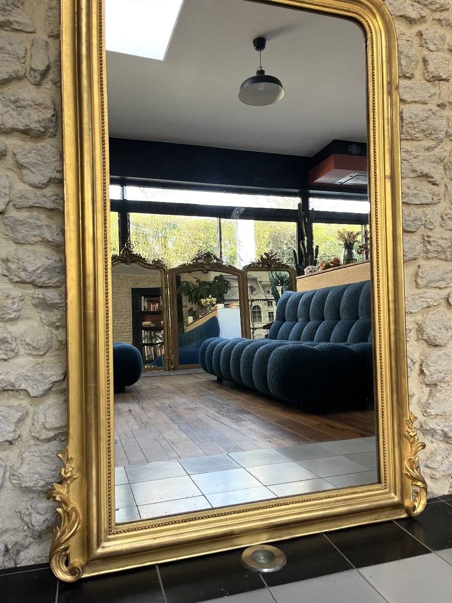 Antique Louis-Philippe mirror with a pediment, 160/93cm, gilded with gold leaf, mercury glass.