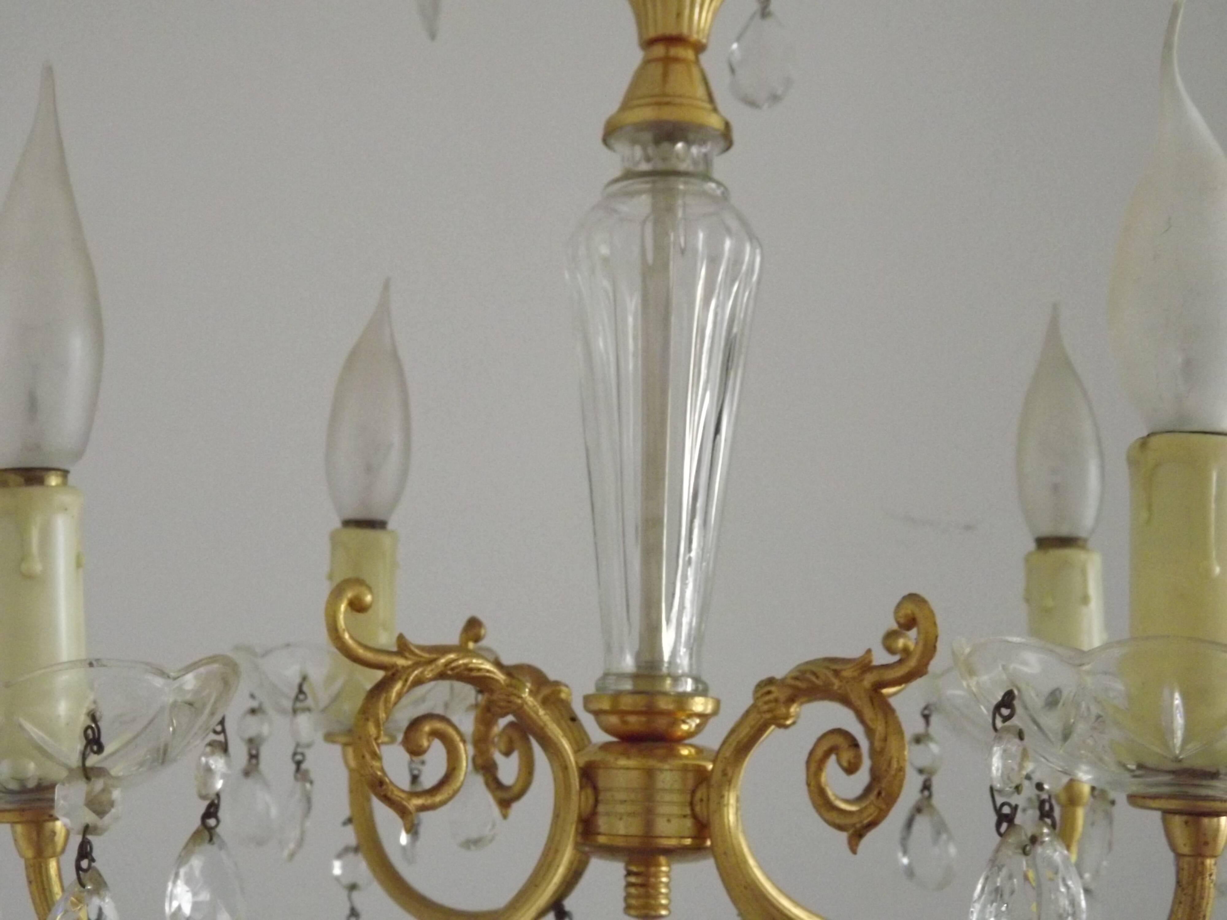 Mid-century brass, glass, and crystal chandelier with 4 lights 5099