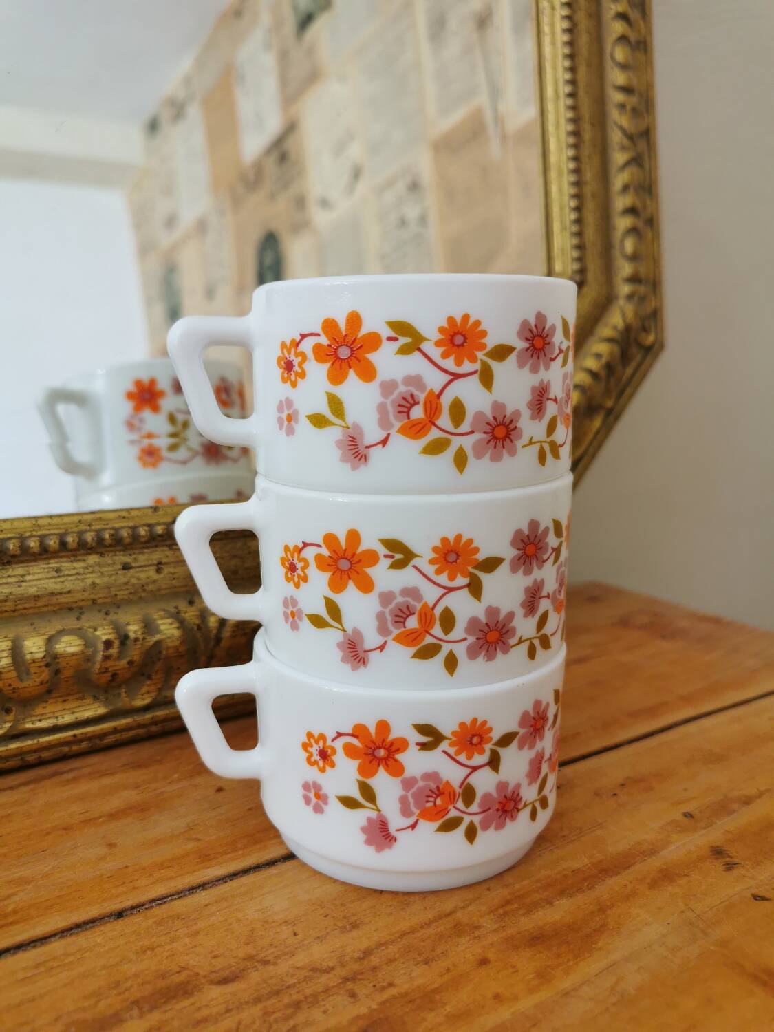 3 Tasses à Café Vintage Arcopal Scania – Motif Fleurs Oranges – Rétro Et En Bon état