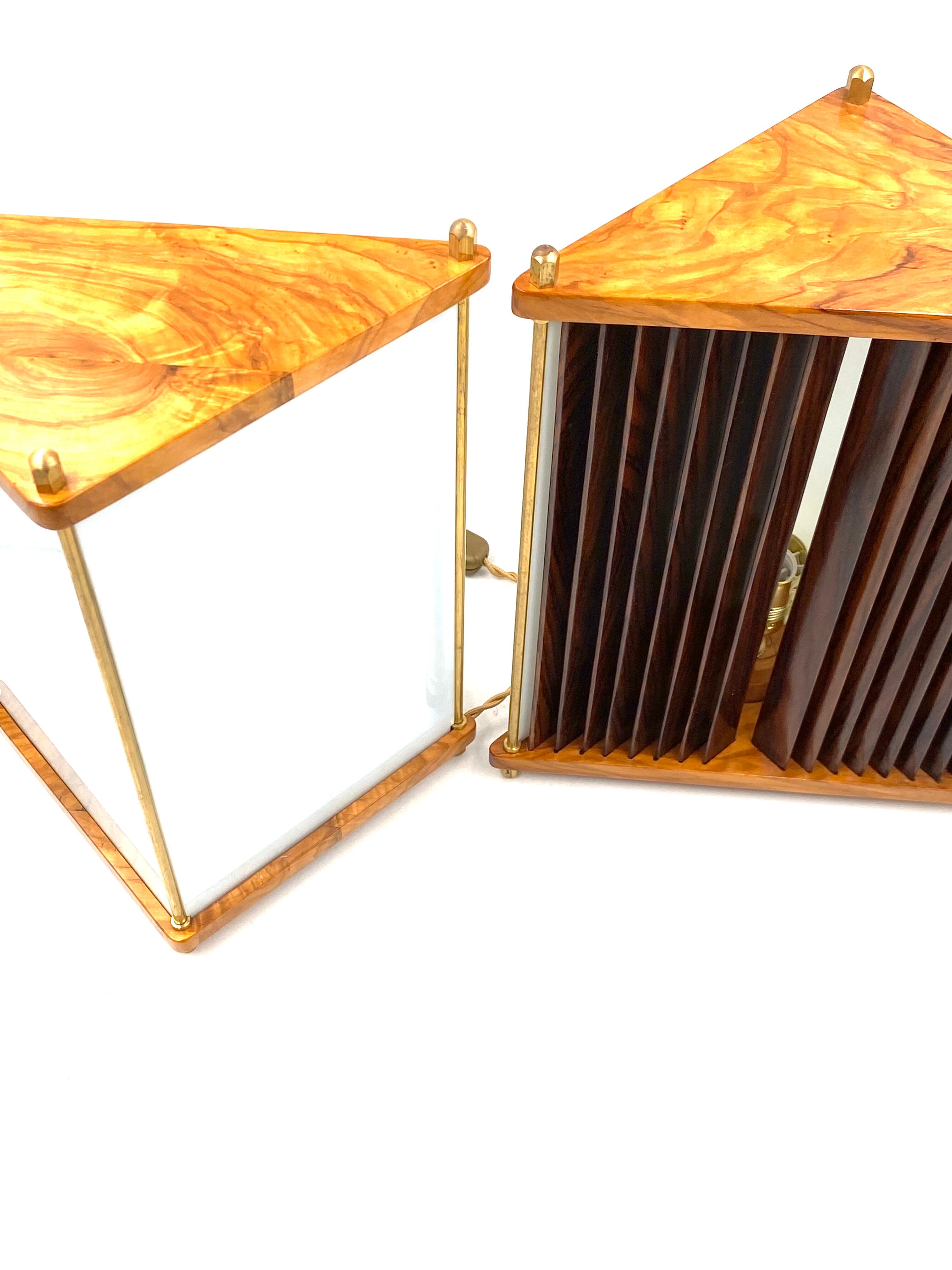 Leonardo Mosso 2 palisander and brass table lamps, Italy 1970s