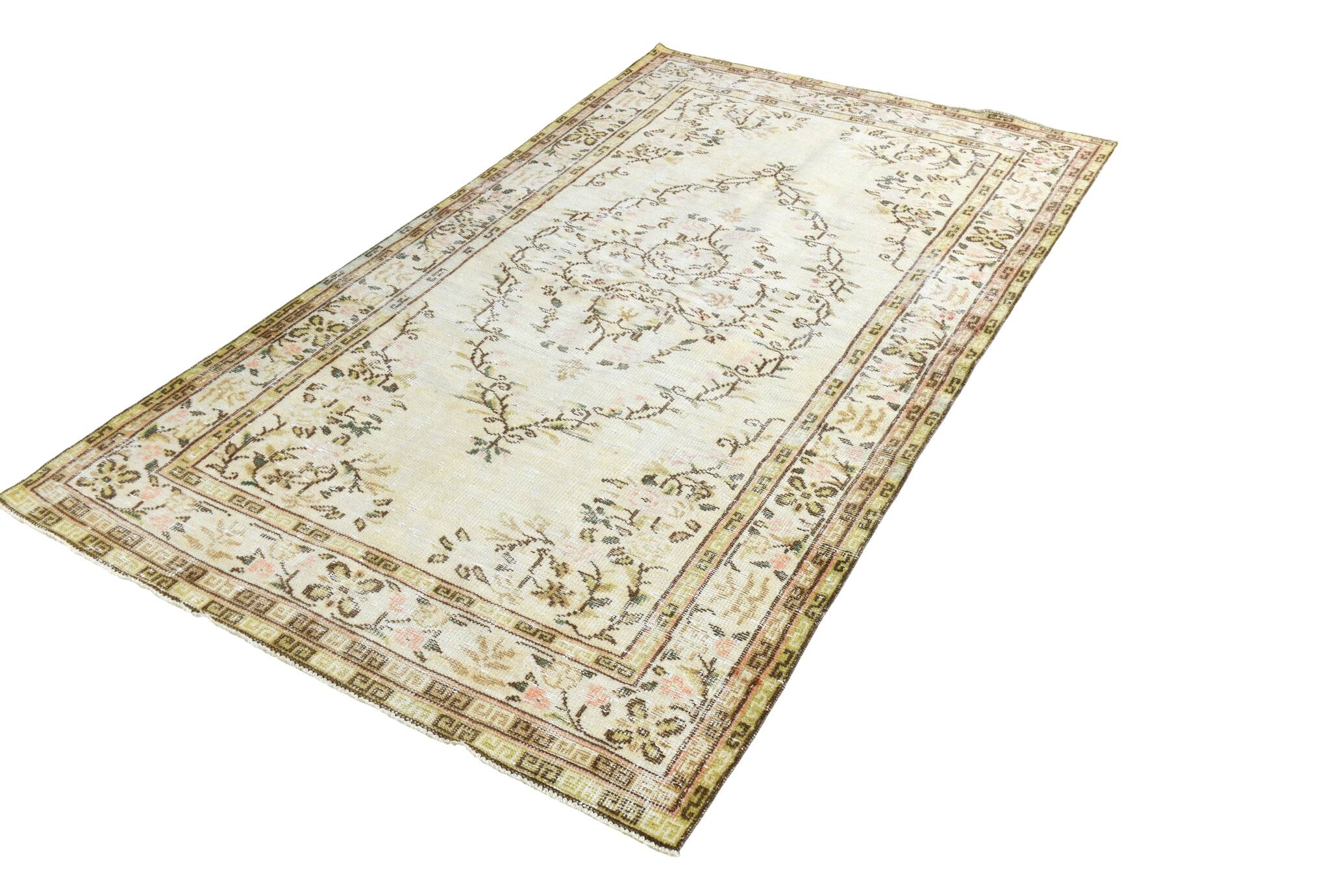 Tapis Vintage Turc Crème, Médaillon Floral, Style Shabby Chic, 150x250Cm