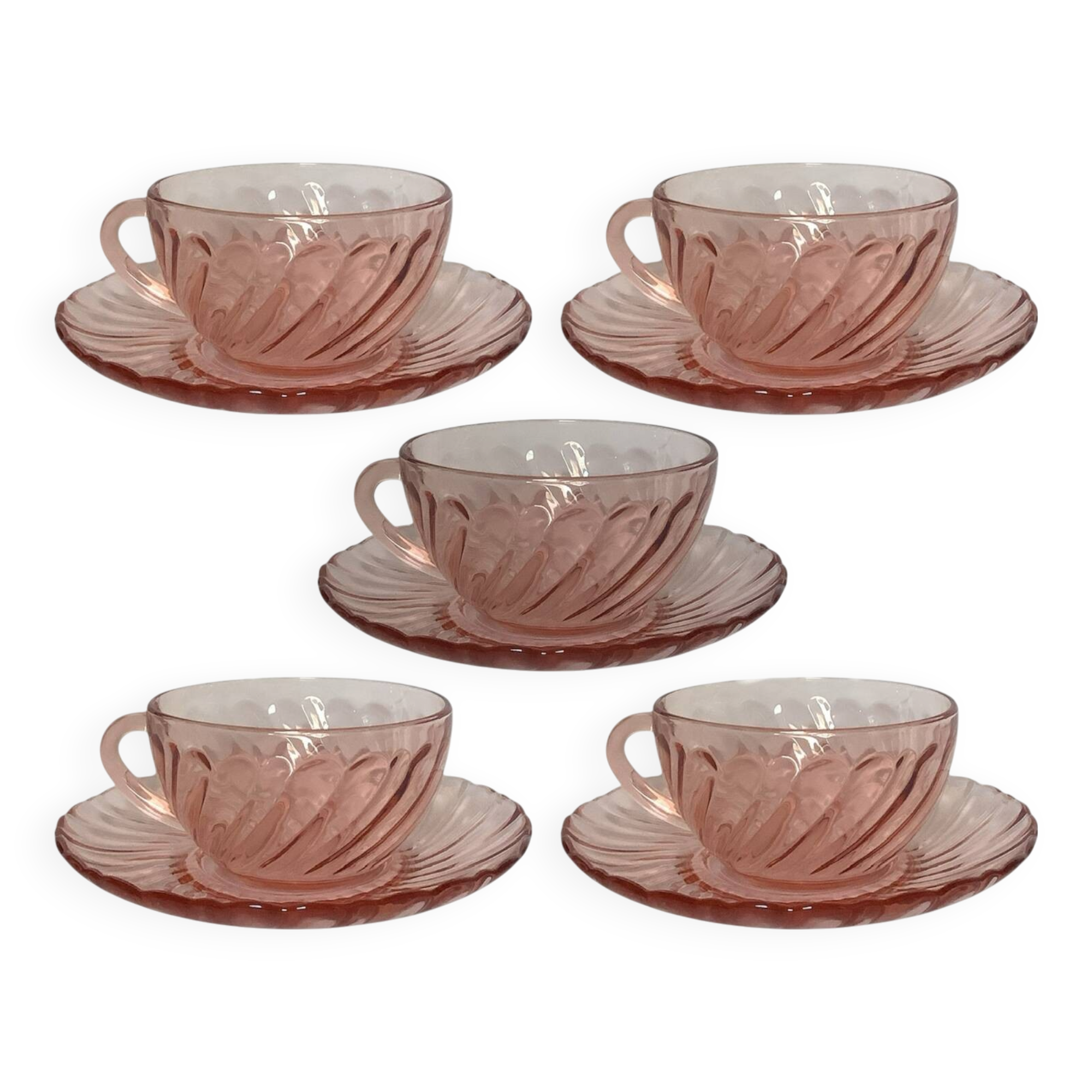 Set of 5 coffee cups + saucers – Rosaline Arcoroc pink glass – 1970s