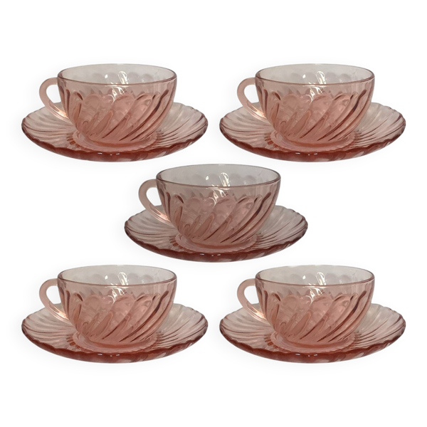 Lot de 5 tasses à café + sous-tasses – Verre rose Rosaline Arcoroc – Années
