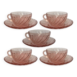 Set of 5 coffee cups + saucers – Rosaline Arcoroc pink glass – 1970s