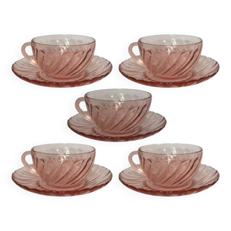Set of 5 coffee cups + saucers – Rosaline Arcoroc pink glass – 1970s