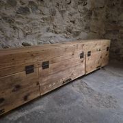 Old French industrial workshop furniture in pine / storage bench, circa 1880–1900