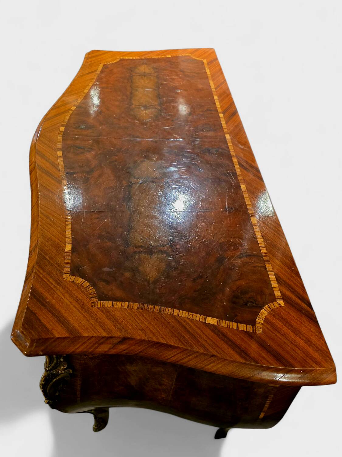 Louis XV style commode in marquetry and gilded bronze