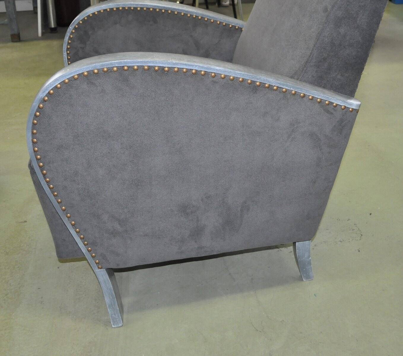 Art Deco grey armchair in fabric and silver-painted wood with brass studs, 1930s